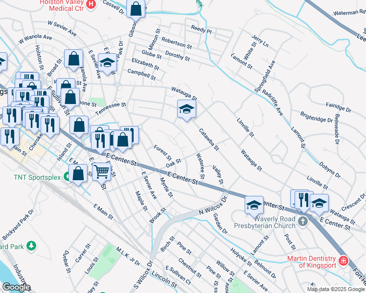 map of restaurants, bars, coffee shops, grocery stores, and more near 812 Yadkin Street in Kingsport