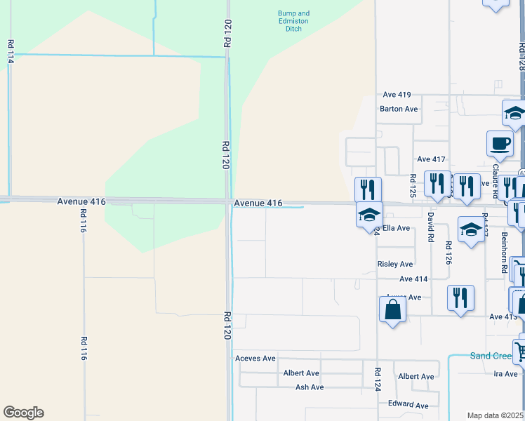 map of restaurants, bars, coffee shops, grocery stores, and more near 12093 Avenue 416 in Orosi