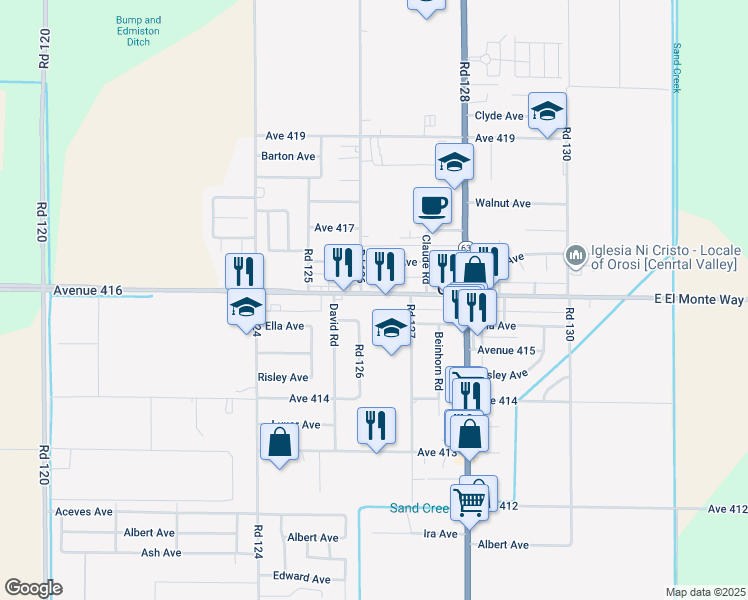 map of restaurants, bars, coffee shops, grocery stores, and more near 12623 Avenue 416 in Orosi