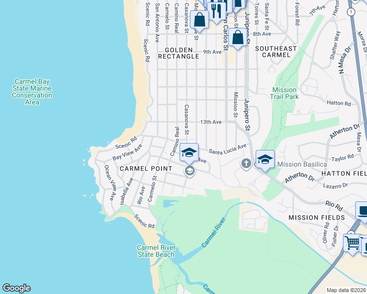 map of restaurants, bars, coffee shops, grocery stores, and more near 2696 Santa Lucia Avenue in Carmel-by-the-Sea
