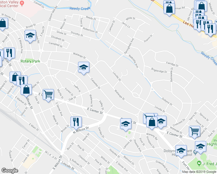 map of restaurants, bars, coffee shops, grocery stores, and more near 1253 Watauga Street in Kingsport