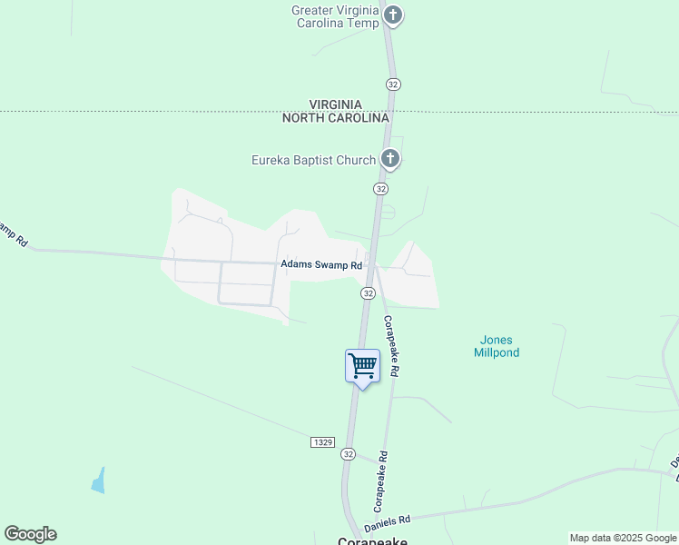 map of restaurants, bars, coffee shops, grocery stores, and more near 16 Adams Swamp Road in Corapeake