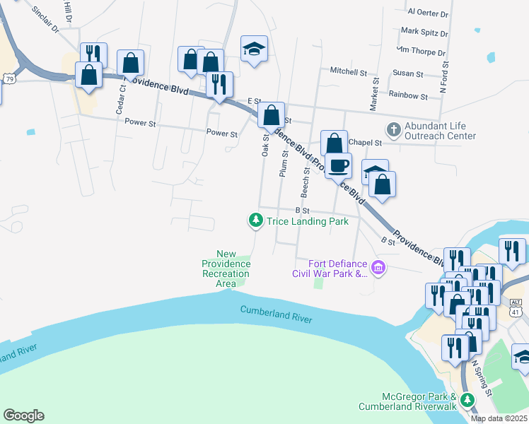 map of restaurants, bars, coffee shops, grocery stores, and more near 191 Oak Street in Clarksville