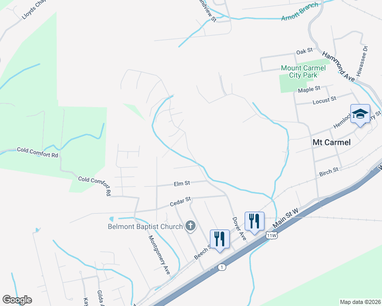 map of restaurants, bars, coffee shops, grocery stores, and more near 500 Dover Avenue in Mount Carmel