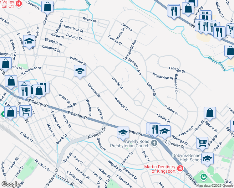 map of restaurants, bars, coffee shops, grocery stores, and more near 1302 Watauga Street in Kingsport