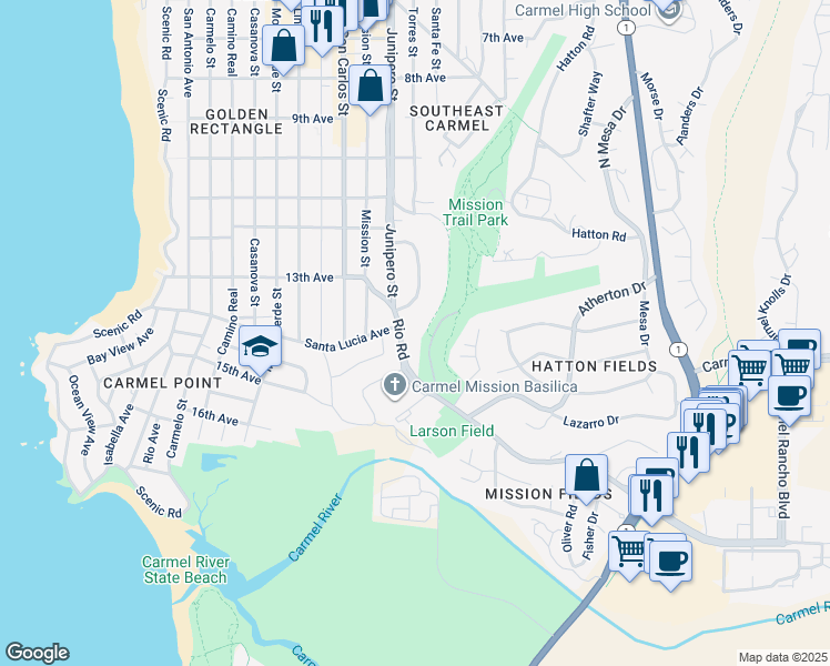 map of restaurants, bars, coffee shops, grocery stores, and more near 3049 Rio Road in Carmel-by-the-Sea