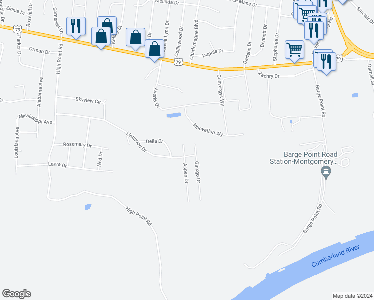 map of restaurants, bars, coffee shops, grocery stores, and more near 479 Aspen Drive in Clarksville