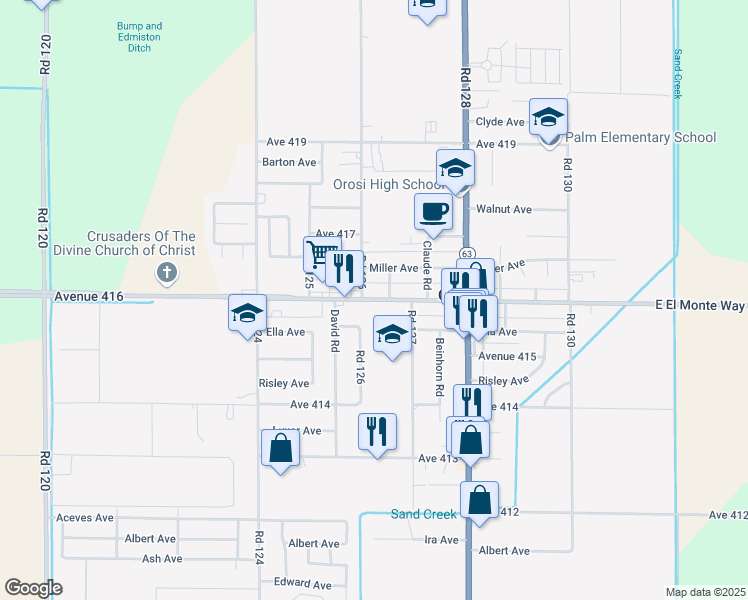 map of restaurants, bars, coffee shops, grocery stores, and more near 12623 Avenue 416 in Orosi