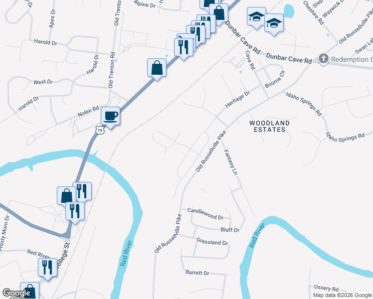 map of restaurants, bars, coffee shops, grocery stores, and more near 1501-1755 Old Russellville Pike in Clarksville