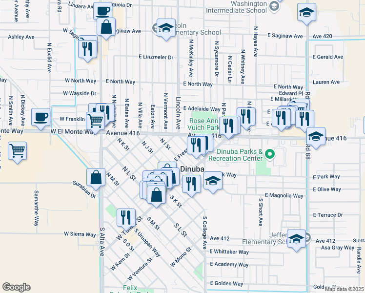 map of restaurants, bars, coffee shops, grocery stores, and more near 216 North I Street in Dinuba