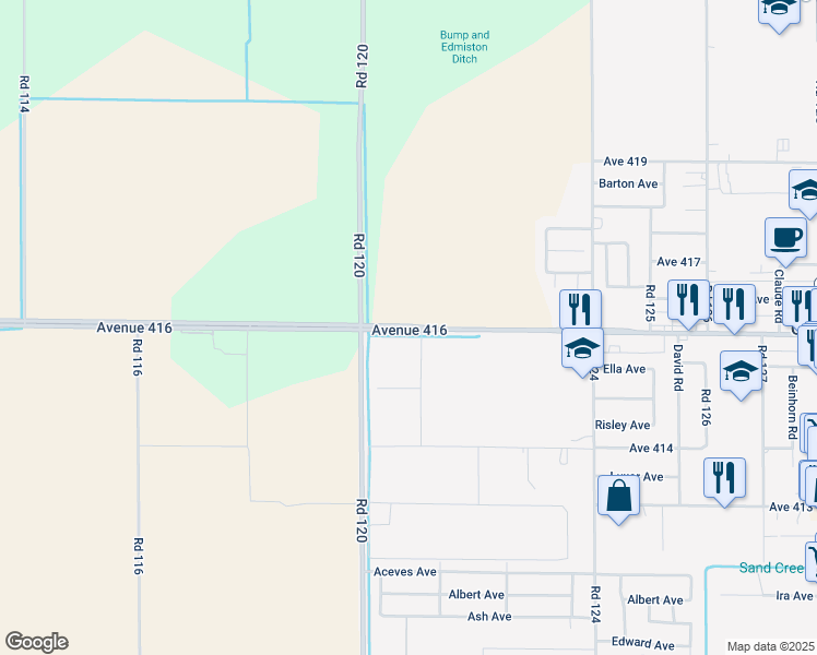 map of restaurants, bars, coffee shops, grocery stores, and more near 12093 Avenue 416 in Orosi
