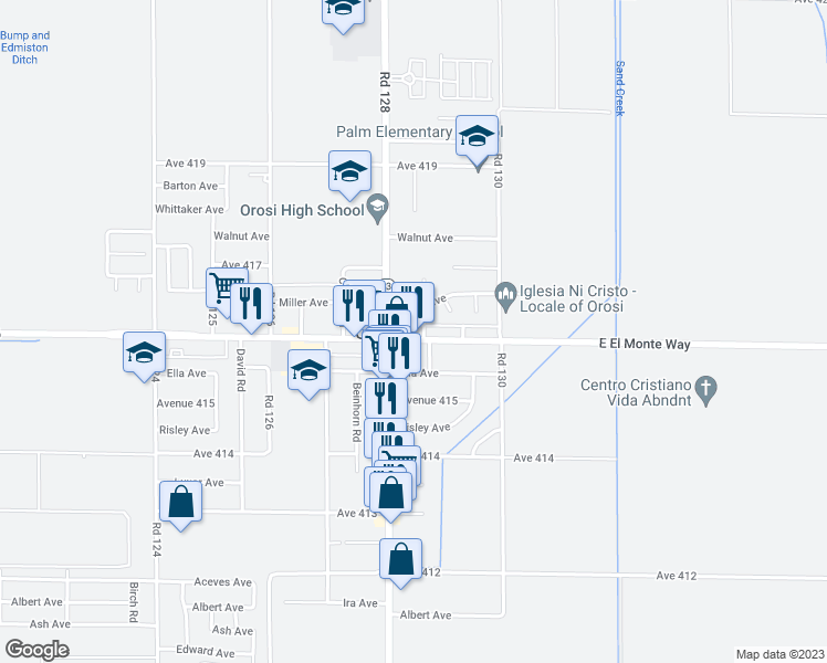 map of restaurants, bars, coffee shops, grocery stores, and more near 12830 Avenue 416 in Orosi