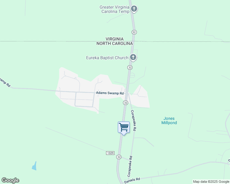 map of restaurants, bars, coffee shops, grocery stores, and more near 16 Adams Swamp Road in Corapeake
