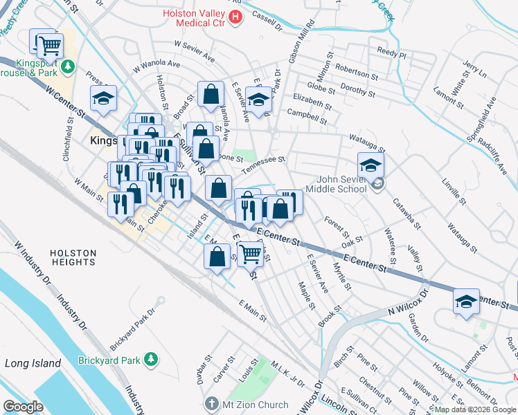 map of restaurants, bars, coffee shops, grocery stores, and more near 710 Mapleoak Lane in Kingsport