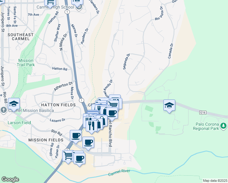 map of restaurants, bars, coffee shops, grocery stores, and more near 26060 Dougherty Place in Carmel