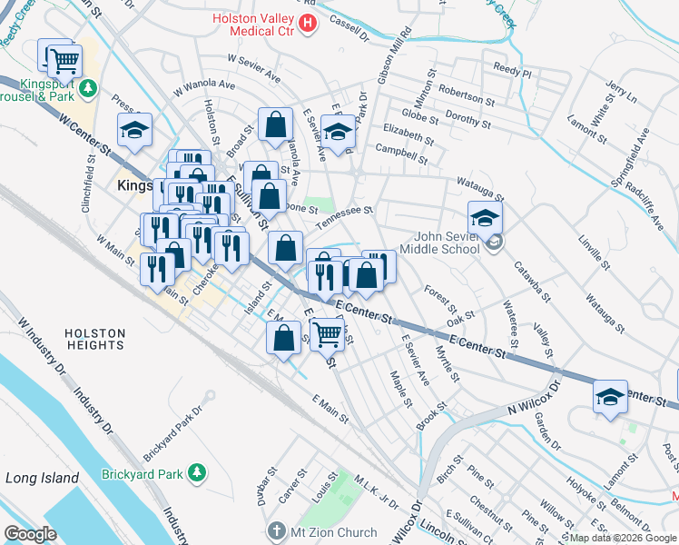 map of restaurants, bars, coffee shops, grocery stores, and more near 710 Mapleoak Lane in Kingsport