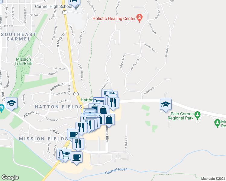 map of restaurants, bars, coffee shops, grocery stores, and more near 26055 Dougherty Place in Carmel