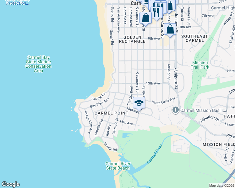 map of restaurants, bars, coffee shops, grocery stores, and more near 26140 Carmelo Street in Carmel-by-the-Sea