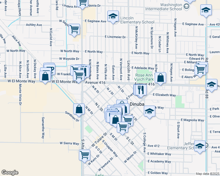 map of restaurants, bars, coffee shops, grocery stores, and more near 341 North J Street in Dinuba