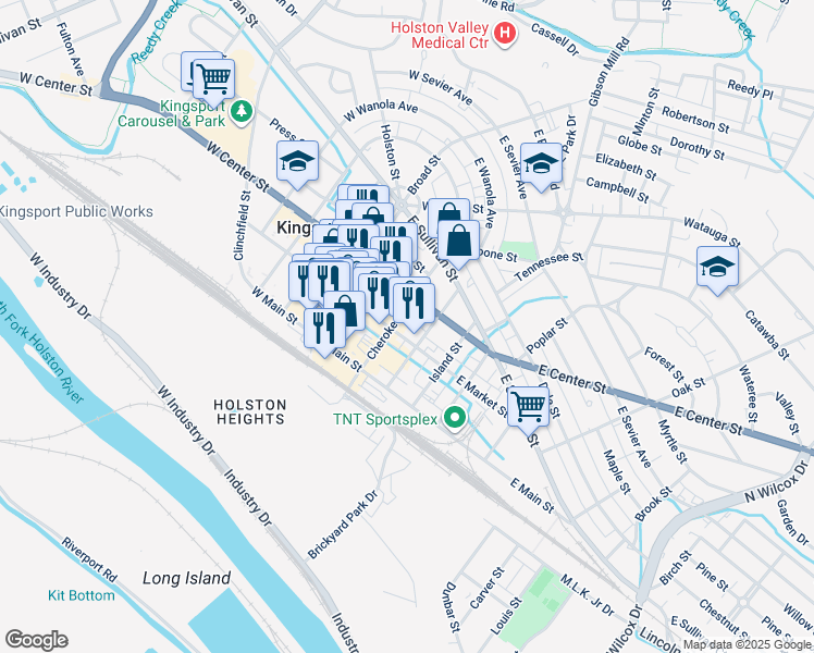 map of restaurants, bars, coffee shops, grocery stores, and more near 214 Cherokee Street in Kingsport
