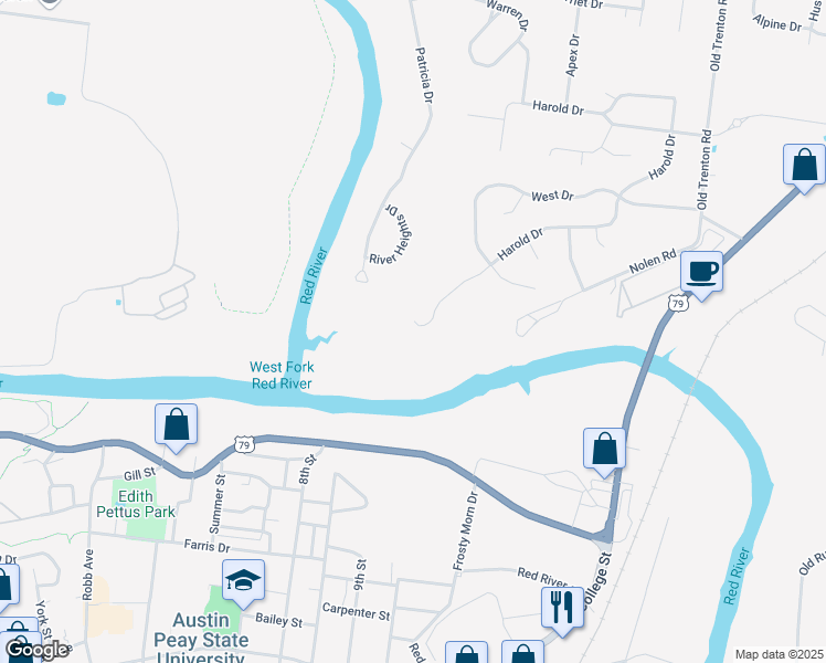 map of restaurants, bars, coffee shops, grocery stores, and more near 213 Harold Drive in Clarksville