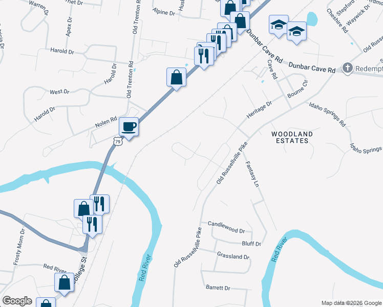 map of restaurants, bars, coffee shops, grocery stores, and more near 270 Andrew Jackson Drive in Clarksville