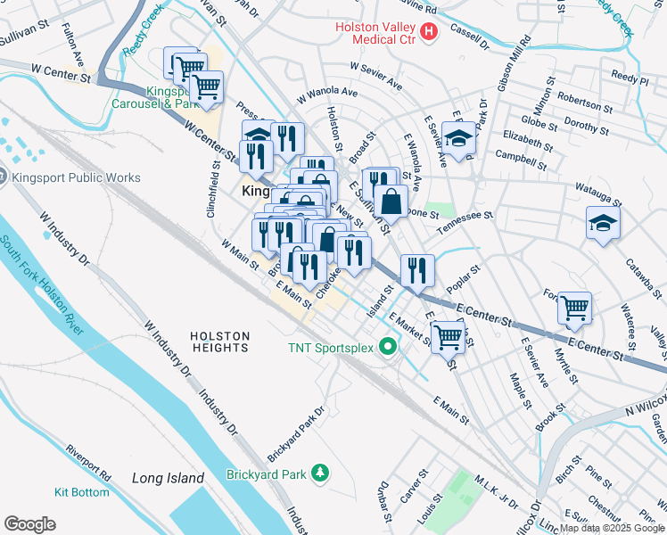 map of restaurants, bars, coffee shops, grocery stores, and more near 214 Cherokee Street in Kingsport