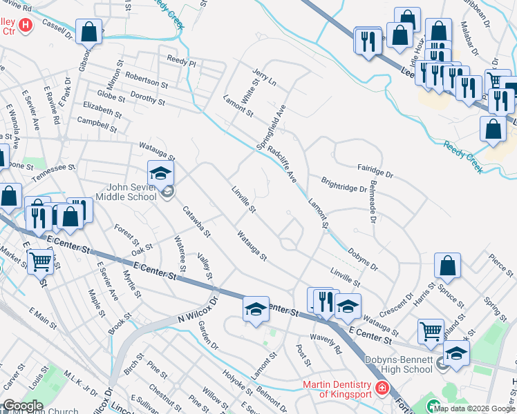 map of restaurants, bars, coffee shops, grocery stores, and more near 1701 Longview Street in Kingsport