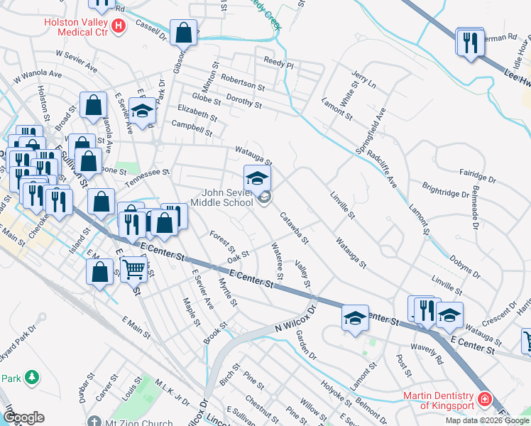map of restaurants, bars, coffee shops, grocery stores, and more near 1200 Wateree Street in Kingsport
