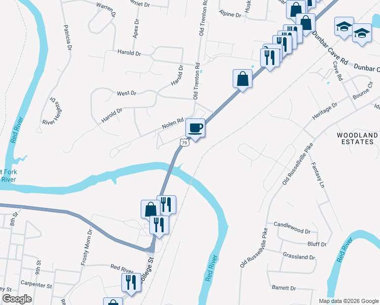 map of restaurants, bars, coffee shops, grocery stores, and more near 1519 Wilma Rudolph Boulevard in Clarksville