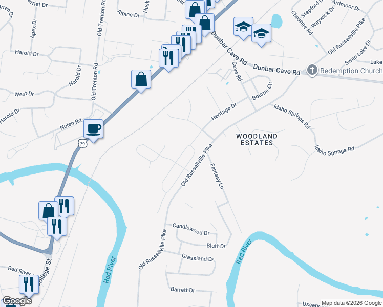map of restaurants, bars, coffee shops, grocery stores, and more near 1752 Heritage Drive in Clarksville
