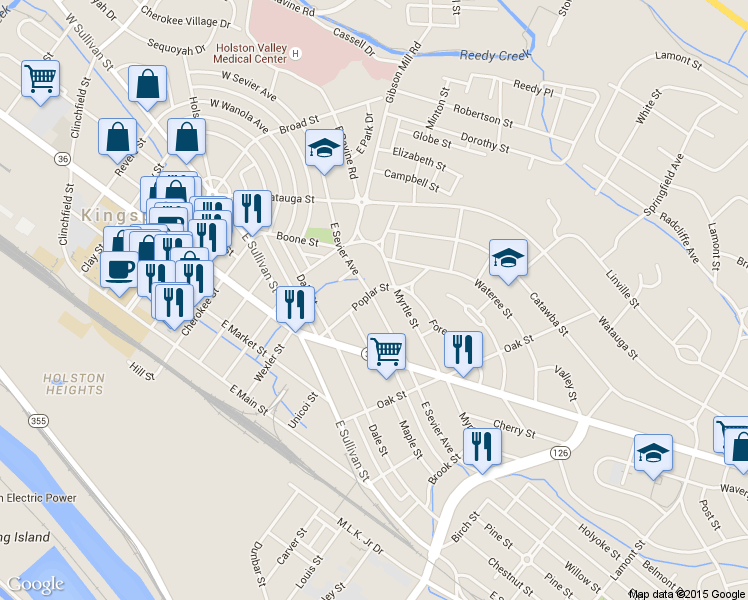 map of restaurants, bars, coffee shops, grocery stores, and more near 705 East Sevier Avenue in Kingsport
