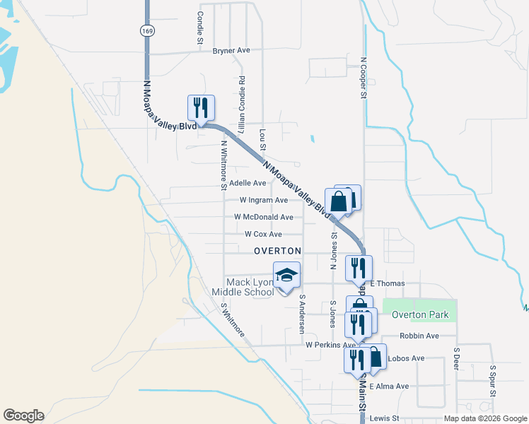 map of restaurants, bars, coffee shops, grocery stores, and more near 416 West McDonald Avenue in Moapa Valley