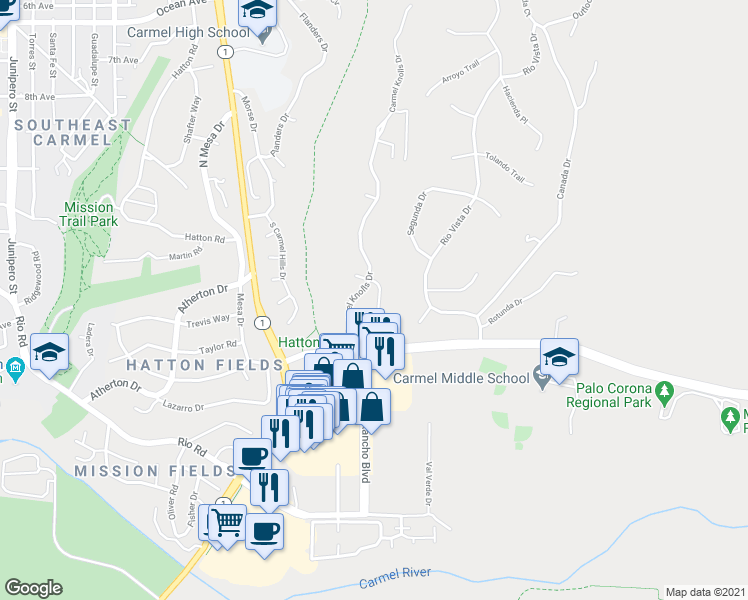 map of restaurants, bars, coffee shops, grocery stores, and more near 26040 Dougherty Place in Carmel