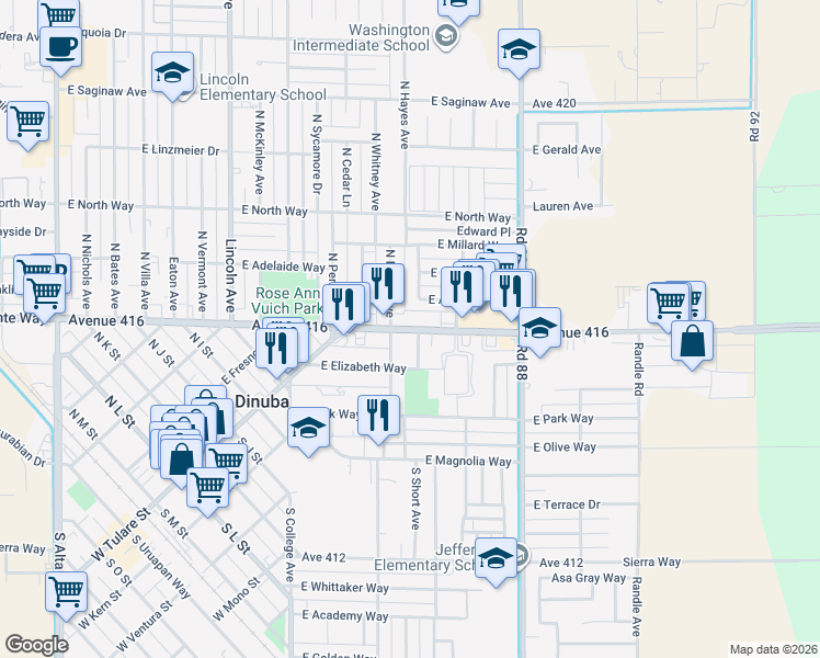 map of restaurants, bars, coffee shops, grocery stores, and more near 1327 East El Monte Way in Dinuba