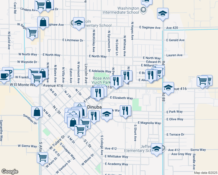 map of restaurants, bars, coffee shops, grocery stores, and more near 106 East El Monte Way in Dinuba