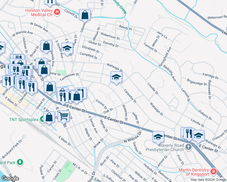 map of restaurants, bars, coffee shops, grocery stores, and more near 999 Norwood Street in Kingsport