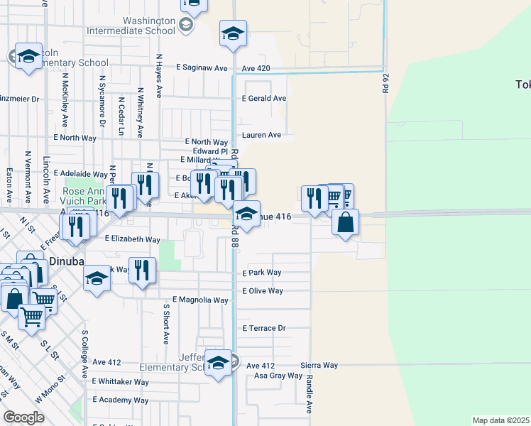 map of restaurants, bars, coffee shops, grocery stores, and more near 4275 Avenue 416 in Dinuba
