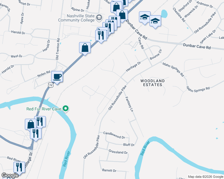 map of restaurants, bars, coffee shops, grocery stores, and more near 1752 Heritage Drive in Clarksville