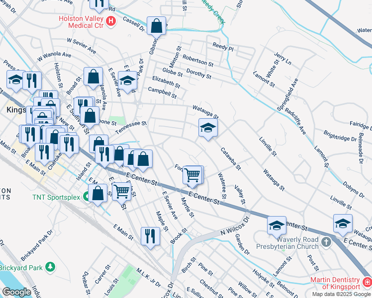 map of restaurants, bars, coffee shops, grocery stores, and more near 706 Yadkin Street in Kingsport