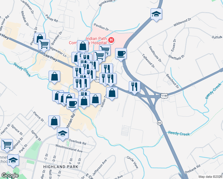 map of restaurants, bars, coffee shops, grocery stores, and more near 1832 East Stone Drive in Kingsport