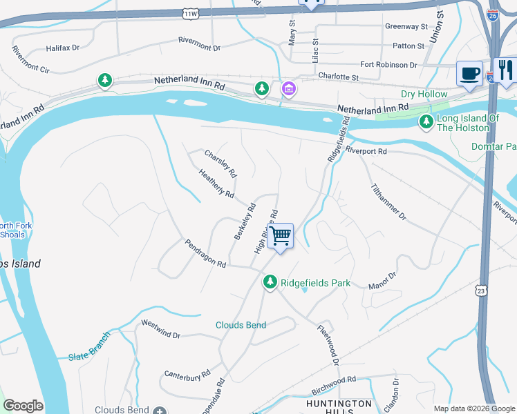 map of restaurants, bars, coffee shops, grocery stores, and more near 409 Berkeley Road in Kingsport