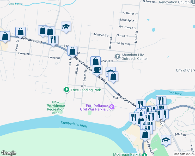 map of restaurants, bars, coffee shops, grocery stores, and more near 212 Providence Boulevard in Clarksville