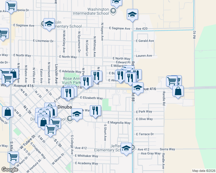 map of restaurants, bars, coffee shops, grocery stores, and more near 1375 East El Monte Way in Dinuba