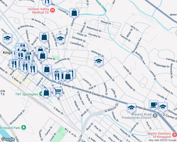 map of restaurants, bars, coffee shops, grocery stores, and more near 706 Yadkin Street in Kingsport