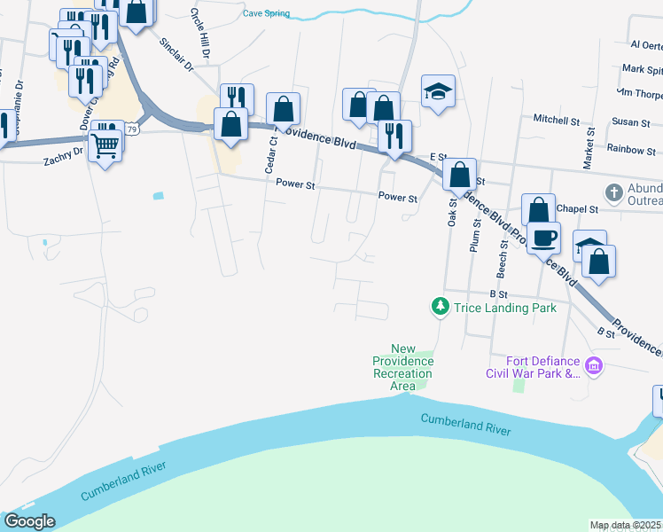 map of restaurants, bars, coffee shops, grocery stores, and more near 169 Sunset Court in Clarksville