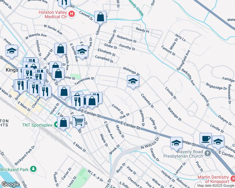 map of restaurants, bars, coffee shops, grocery stores, and more near 706 Yadkin Street in Kingsport