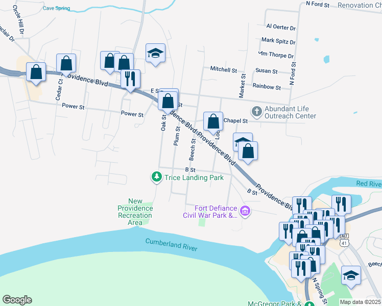 map of restaurants, bars, coffee shops, grocery stores, and more near 212 Beech Street in Clarksville