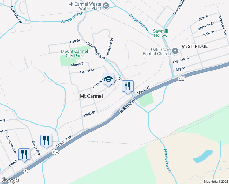 map of restaurants, bars, coffee shops, grocery stores, and more near 127 Cherry Street in Mount Carmel