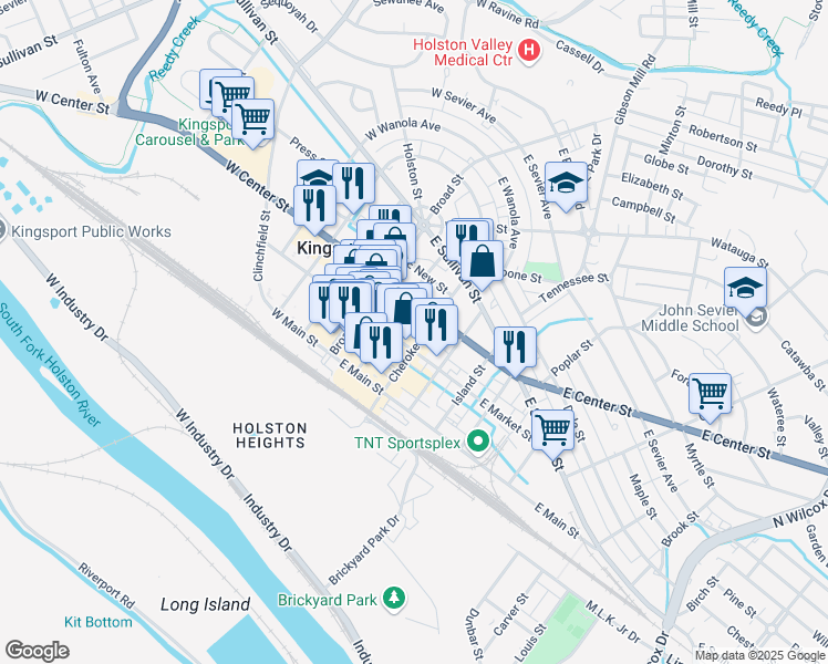 map of restaurants, bars, coffee shops, grocery stores, and more near 214 Cherokee Street in Kingsport